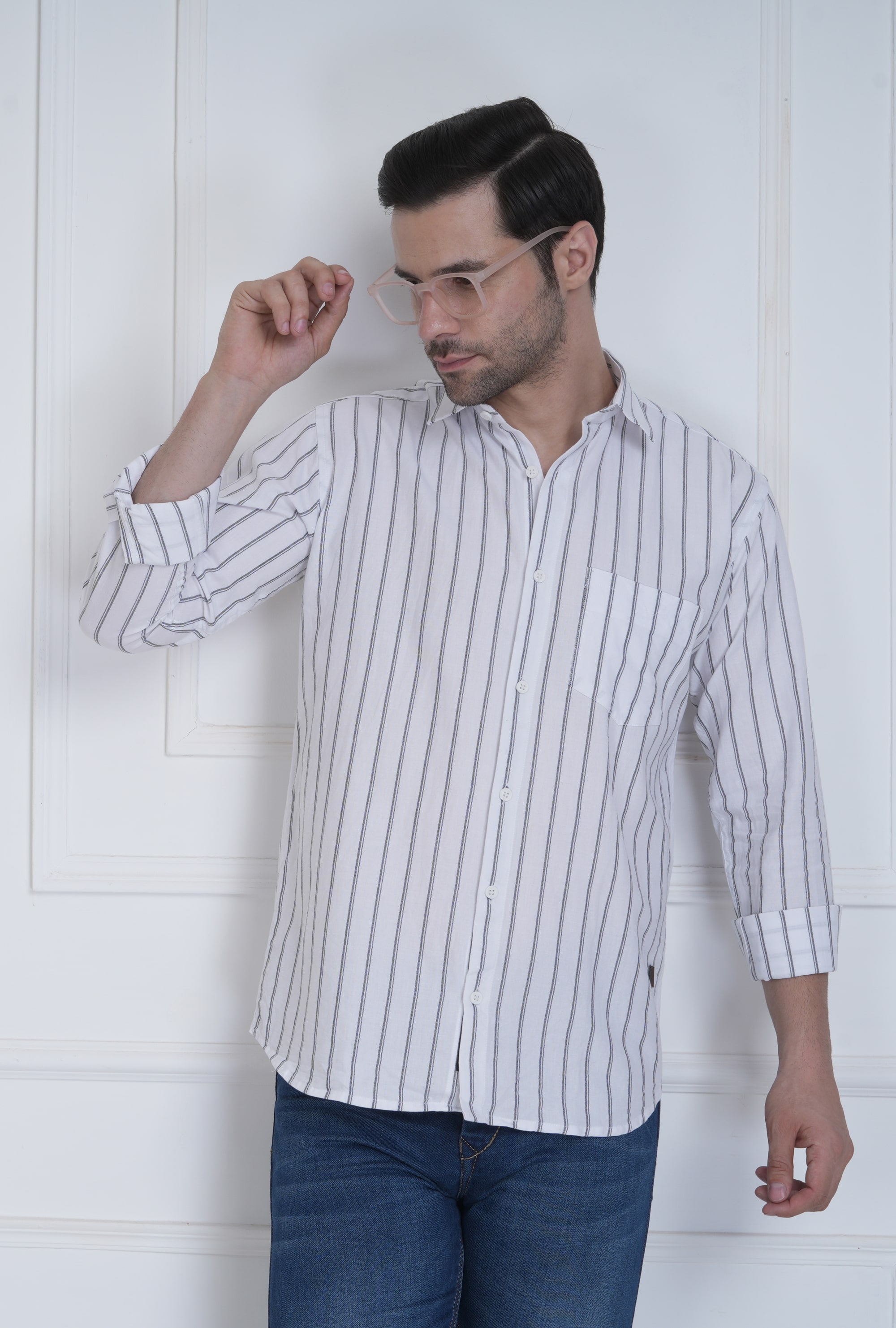 QUIDDICT Men’s White Cotton Stripped Shirt